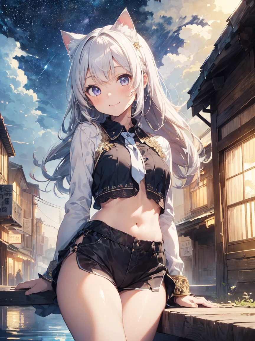 (((masterpiece))), (((Highest quality))), ((Very detailed)), ((Very detailedなイラスト)), ((Ultra-fine painting)), (16K Highest quality wallpaper:1.4), (Detailed and elaborate illustration style,:1.8) Detailed skin texture, High quality fabric, , (T-masterpiece), (Very detailedな顔:1.4), original, RAW Photos, Professional, Intricate details, Very detailed, Direct sunlight:1.6, ,(Cowboy Shot:1.9)、(Perfect Anatomy:1.4), (Extremely elaborate hands:1.2), (Very elaborate fingers:1.2), (Very elaborate fingers先:1.2),, (alone:1.6), (beautiful and adorable cat ears:1.6), (Intricate and delicate cat ears:1.4), (beautiful, Shiny white hair:1.6), (Very fine and delicate white hair:1.4),, (Very detailedな顔:1.4),(Light purple eyes:1.4),(smile:1.4),relaxing style, Warm atmosphere, masterpiece, Highest quality, 非常に精巧なbeautiful顔と目, With a girl, Anime Style, (Girl Looking at the Sky), (心地よい風とbeautiful空), spring, Sitting, Little cat, sun, Wildflowers, break, stream, Small Bridge, リラックスしたsmile, Distant townscape