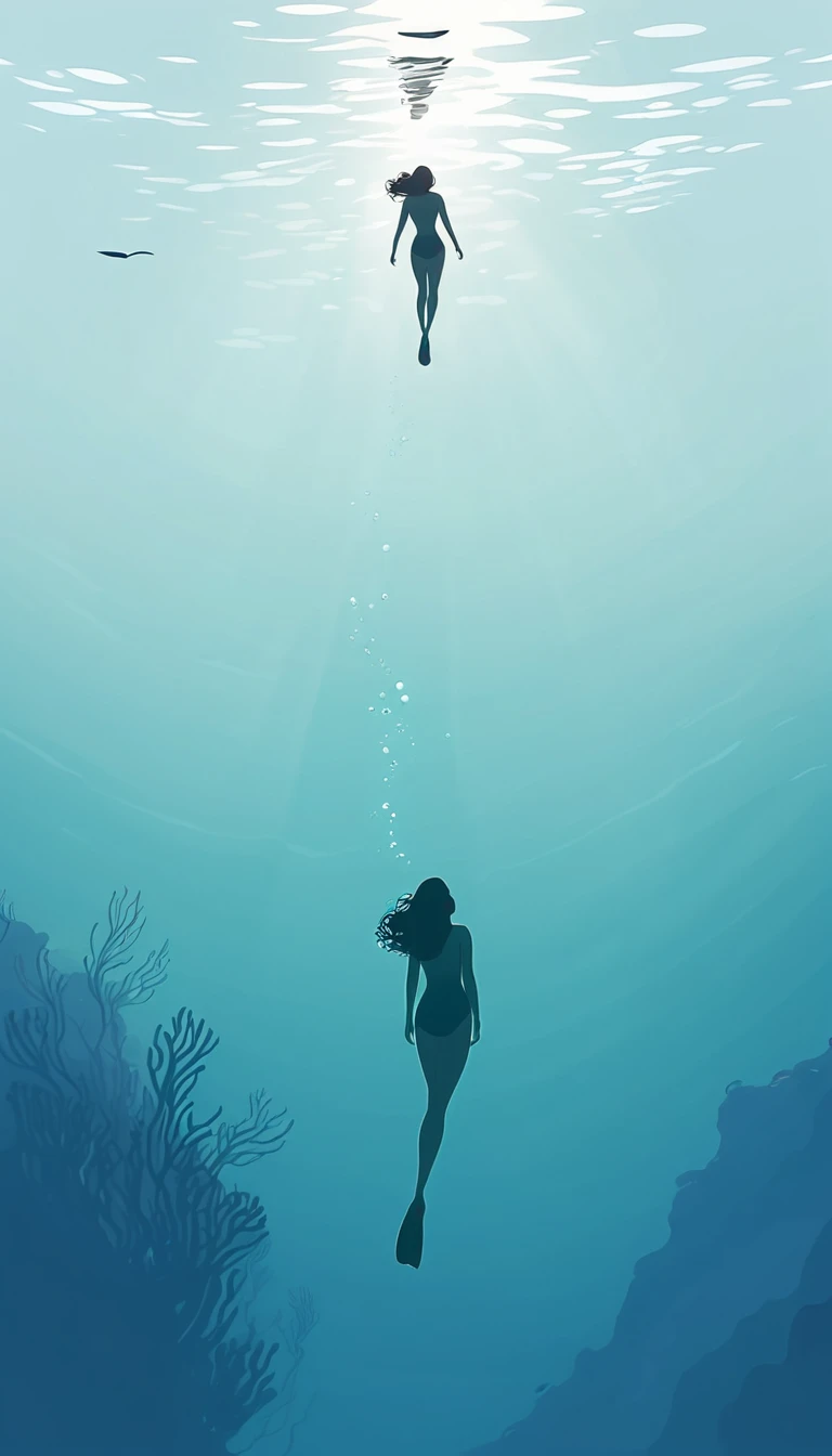 Minimalist Journey, diving, Solitary, 1 girl swimming gracefully with beautiful curves, Minimalism, Under the Sea, illustration.