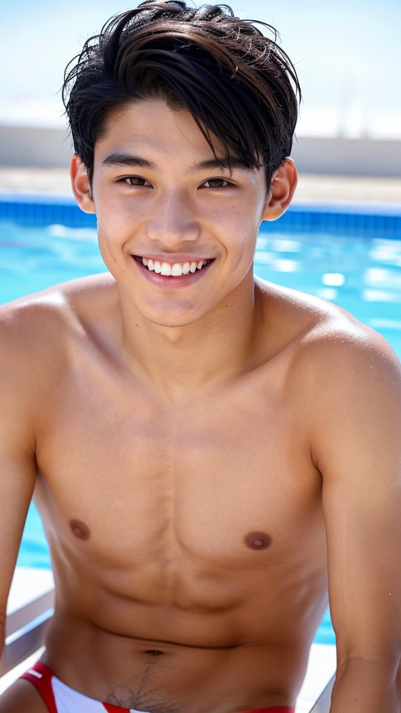 male Age 26 swimwear lifeguard topless smile