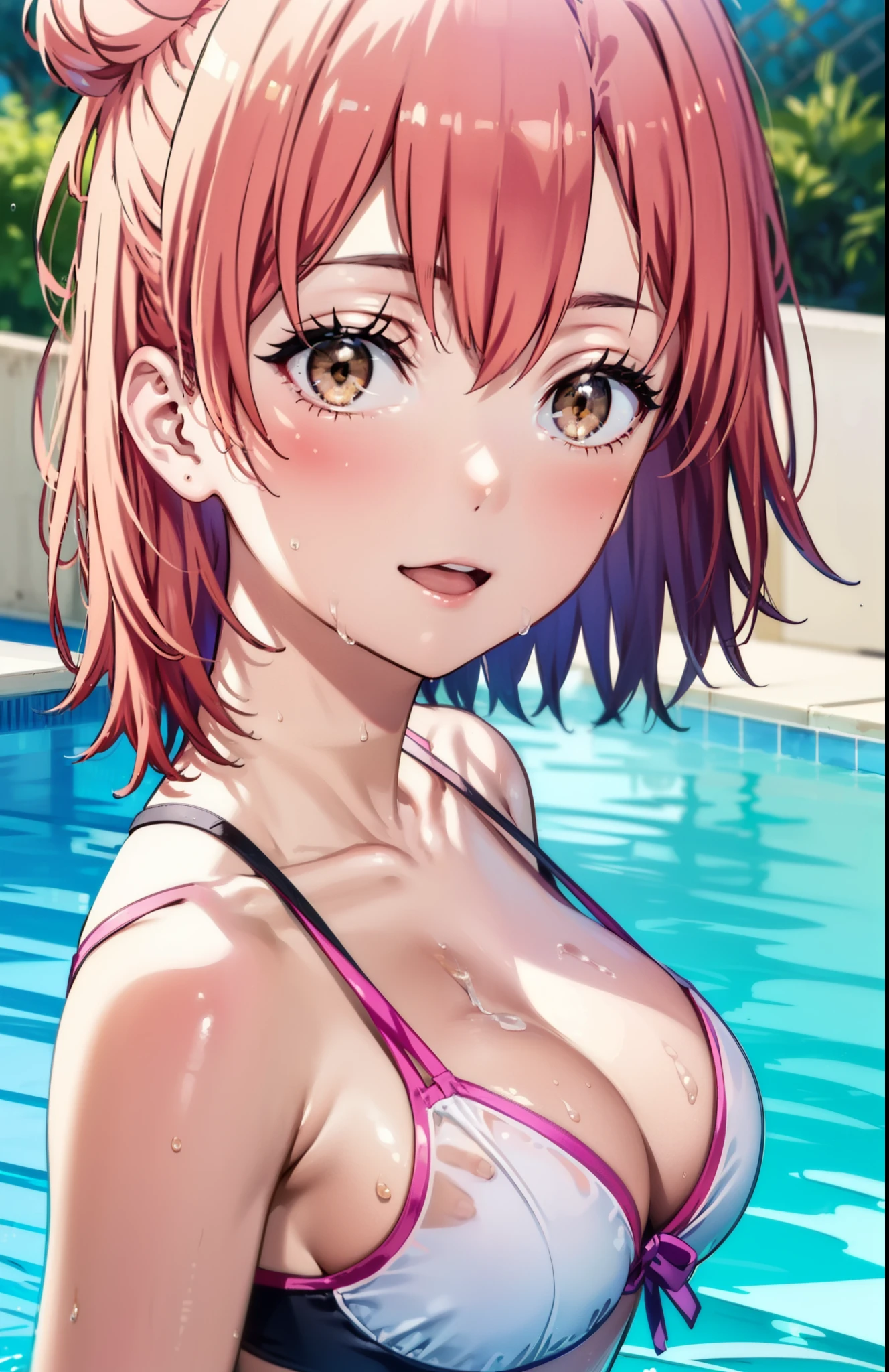 yuiyuigahama, yui yuigahama, short hair, (Brown eyes:1.5), (Pink Hair:1.2), Hair Bun, single Hair Bun, Big Breasts,happy smile, smile, Open your mouth,smile,Bikini Swimwear,barefoot,Wet Skin,Wet Hair,Wet swimsuit,So that the whole body goes into the illustration,crowd, people々々,
break outdoors,Outdoor swimming pool,
break looking at viewer, Everyone,
break (masterpiece:1.2), Highest quality, High resolution, unity 8k wallpaper, (figure:0.8), (Beautiful attention to detail:1.6), Highly detailed face, Perfect lighting, Highly detailed CG, (Perfect hands, Perfect Anatomy),