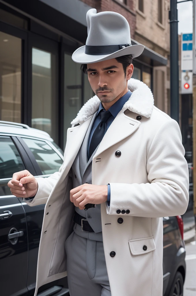 White chinchilla dressed as a detective.