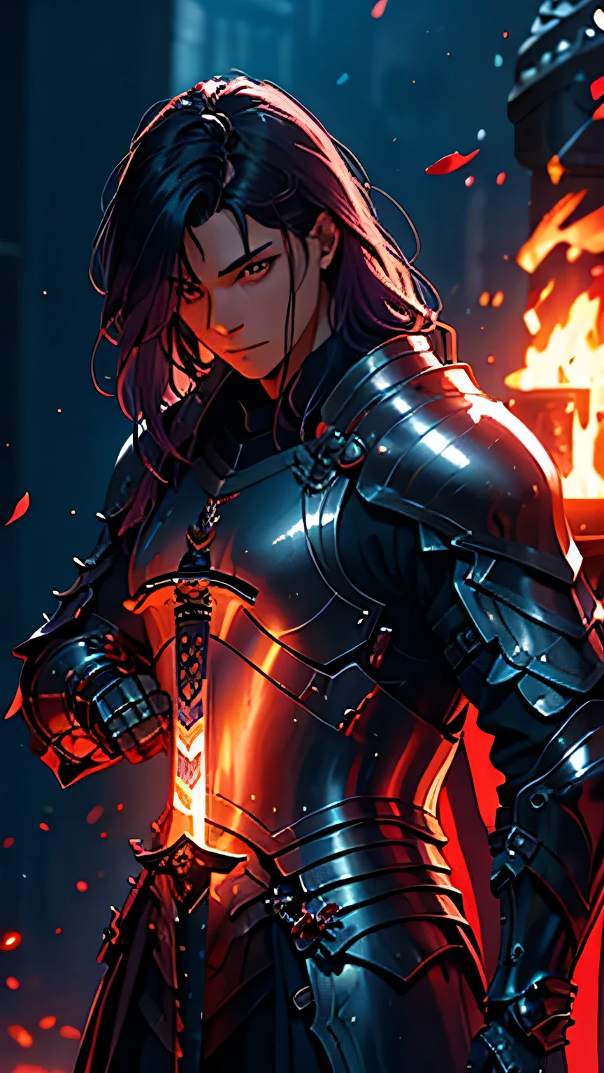 purple hair, masterpiece, accurate, super detail, award winning, 8k, highres, best quality, high details, Black armor with gold and silver trim, knight, male in his 20s, fantasy novel world, Black Great Sword, Magic Swordsman, Demon, Background (Inferno), Grasping the sword, he swung it up.