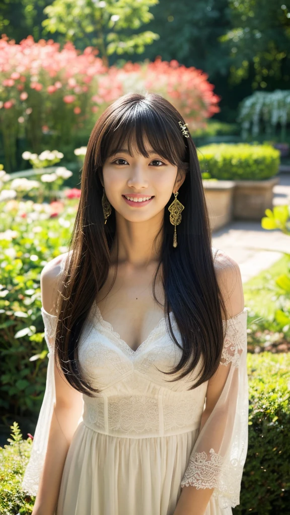 ((masterpiece)), 32k, masterpiece, Highest quality, 1 girl, alone, (Nationality: British:1.3), Realistic, garden, Realistic, Very detailed, Detailed Background, (alone: 1.4), Happy expression, Slender body, Realistic Highly detailed long hair, Intricate details, masterpiece, Highest quality, West Shot, (花の咲くgardenの背景)), smile, ((Looking at the camera)), Earrings, Long straight black hair, Asymmetrical bangs, Natural Breasts ,