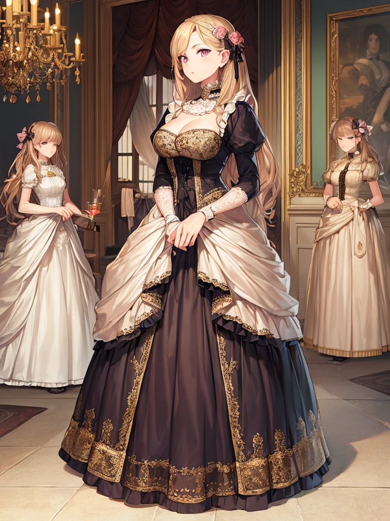 best quality, masterpiece, best definition, artwork, super detailed, many details, details, detailed, woman, 20 years, full body, full body, ball gown, super detailed dress, long dress, dress with many ruffles, dress with many bows, pink bows, victorian dress, detailed victorian dress, victorian dress with bows, pink, ruffles, perfect skin, whole body,