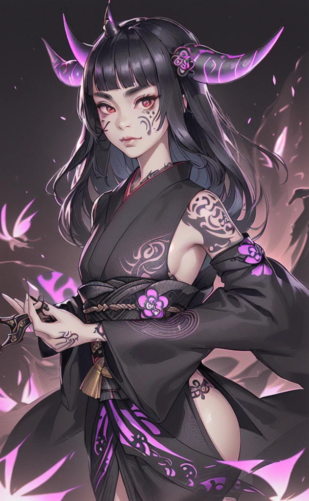 (photorealistic:1.3), masterpiece, best quality, (intricate details:1.2), (scenery:1.3), beautiful face, (black theme:1.3),
(((1girl, a girl in patterned kimono holding a dagger in her hand, (look at veiwer:1.3), (face tattoo:1.2), small oni horn,
))), full body, split in half