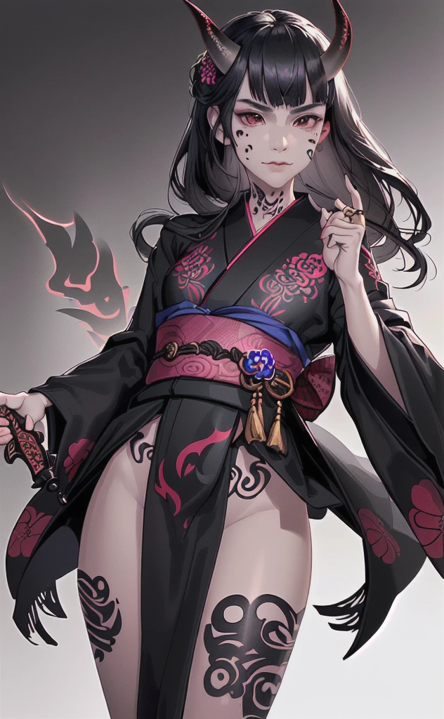 (photorealistic:1.3), masterpiece, best quality, (intricate details:1.2), (scenery:1.3), beautiful face, (black theme:1.3),
(((1girl, a girl in patterned kimono holding a dagger in her hand, (look at veiwer:1.3), (face tattoo:1.2), small oni horn,
))), full body, split in half
