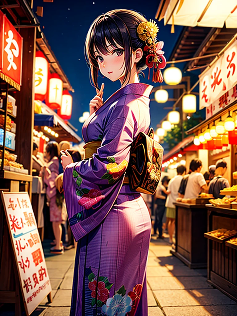 Highest quality,Highest Resolution,fair,Night Festival,shrine,Woman in yukata,Eat at street food stalls,Opening a store,