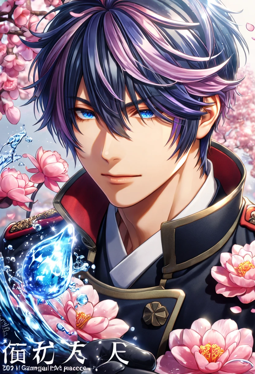 absurdres, highres, ultra detailed, HDR, master piece, best quality, Hajime Saitou, indigo hair, short hair, hair over the right eye, expressive blue eyes, Hakuouki, solo, sexy man, handsome, black military uniform, black gloves, water, fantasy, magical, shining, pink flowers, pink blossoms, pink petals