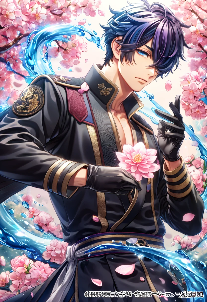 absurdres, highres, ultra detailed, HDR, master piece, best quality, Hajime Saitou, indigo hair, short hair, hair over the right eye, expressive blue eyes, Hakuouki, solo, sexy man, handsome, black military uniform, black gloves, water, fantasy, magical, shining, pink flowers, pink blossoms, pink petals