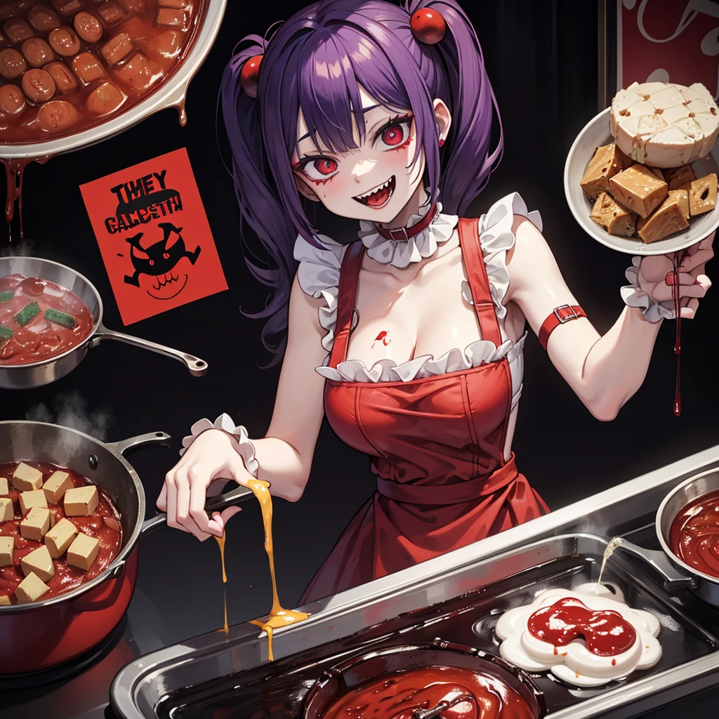demon clown laughing and cooking the a young woman possessed by drugs, in a large pan, in the sauce several drug capsules and cigarette butts, a highly strong, macabre, and horror image,