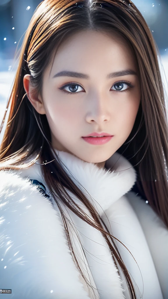 (highest quality, 8k, 32K,details are very clear),Realistic, High resolution, 1 Japanese Women, alone, (Lolita Costume),Gorgeous costumes,Facing the audience,(Upper Body,Upper limbs), Beautiful Eyes, brown hair, Ring-shaped eyes, (outside,Heavy snowfall,thick fur cape,Cover with snow),Snowfield,blue eyes,highest qualityのイラスト,Detailed facial features