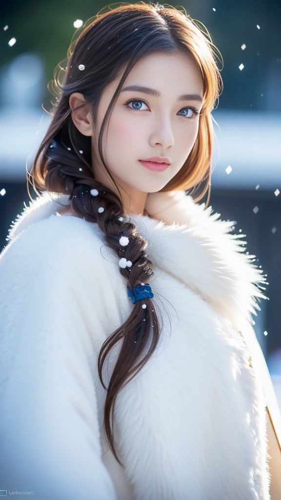 (highest quality, 8k, 32K，details are very clear),Realistic, High resolution, 1 Japanese Women, alone, (Lolita Costume)，Gorgeous costumes，Facing the audience，(Upper Body，Upper limbs)， Beautiful Eyes, brown hair, Ring-shaped eyes, (outside，Heavy snowfall，thick fur cape，Cover with snow)，Snowfield，blue eyes，highest qualityのイラスト，Detailed facial features