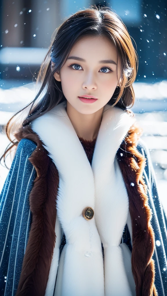 (highest quality, 8k, 32K,details are very clear),Realistic, High resolution, 1 Japanese Women, alone, (Lolita Costume),Gorgeous costumes,Facing the audience,(Upper Body,Upper limbs), Beautiful Eyes, brown hair, Ring-shaped eyes, (outside,Heavy snowfall,thick fur cape,Cover with snow),Snowfield,blue eyes,highest qualityのイラスト,Detailed facial features