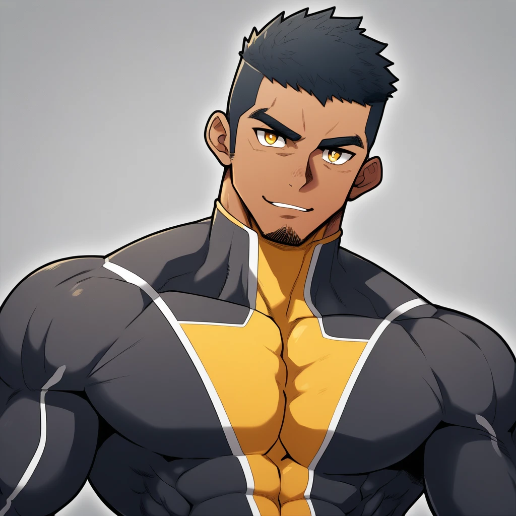 anime characters:Gyee, Muscle Sports Student, negro black skin, 1 dark skin muscular tough guy, Manliness, male focus, Dark grey high collar long sleeve wetsuit, Matte texture, Very tight, Round, full and perky chest muscles, Slightly transparent, muscular male, muscular, only, Upper body, alone, Black short hair, Thick eyebrows, stubble, Yellow eyes, Grey background, simple background, amazing quality, best aesthetics, Ridiculous, bright pupils, crew cut, parted lips, seductive smile, torogao, naughty face, drop shadow, best quality