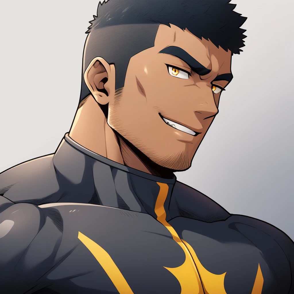 anime characters：Gyee, Muscle Sports Student, negro black skin, 1 dark skin muscular tough guy, Manliness, male focus, Dark grey high collar long sleeve wetsuit, Matte texture, Very tight, Round, full and perky chest muscles, Slightly transparent, muscular male, muscular, only, Upper body, alone, Black short hair, Thick eyebrows, stubble, Yellow eyes, Grey background, simple background, amazing quality, best aesthetics, Ridiculous, bright pupils, crew cut, parted lips, seductive smile, torogao, naughty face, drop shadow, best quality