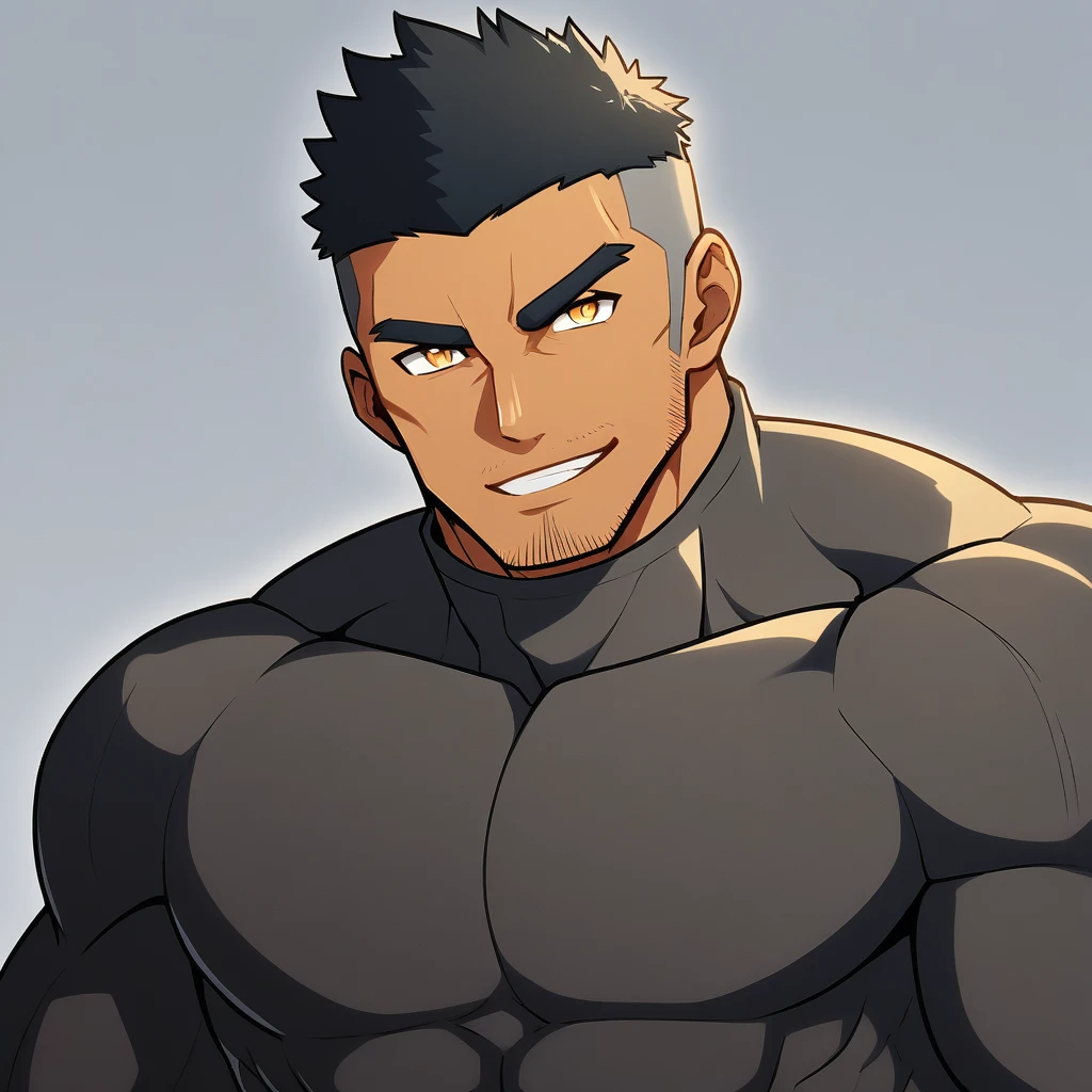 anime characters:Gyee, Muscle Sports Student, negro black skin, 1 dark skin muscular tough guy, Manliness, male focus, Dark grey high collar long sleeve wetsuit, Matte texture, Very tight, Round, full and perky chest muscles, Slightly transparent, muscular male, muscular, only, Upper body, alone, Black short hair, Thick eyebrows, stubble, Yellow eyes, Grey background, simple background, amazing quality, best aesthetics, Ridiculous, bright pupils, crew cut, parted lips, seductive smile, torogao, naughty face, drop shadow, best quality