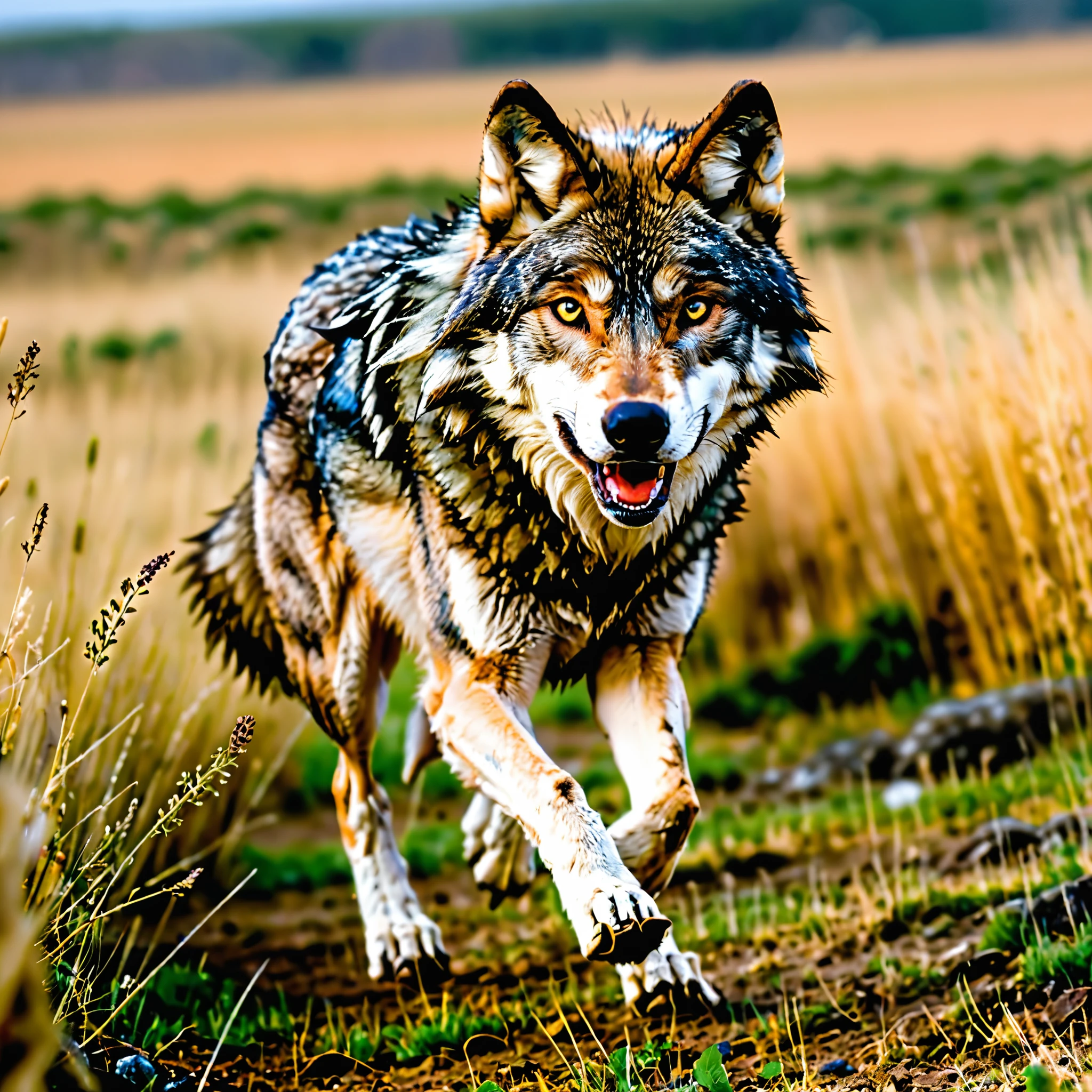 Professional photography, wolf, running, field, open field