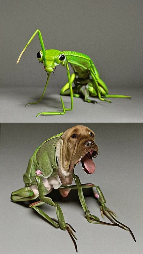 A dog is born from a praying mantis, horror, ugly