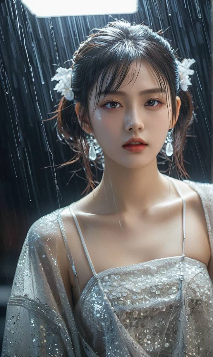 18 year old beautiful girl with monster, pearl-like eyes, extremely detailed face, heavy rain, crazy body movements, exaggerated perspective, poster, androgynous, fashion, dramatic lighting, loud sound, distorted style, 32k ultra-high resolution, Chinese girl, (full_body:1.1), phone_screen