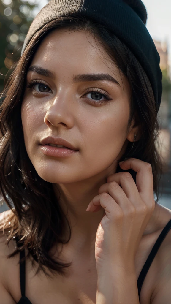 a black haired woman taking a selfie with her hand on her face wearing a black cap, detailed face, beautiful eyes, high quality, photorealistic, 8k, masterpiece, portrait, warm lighting, natural colors en diferentes poses
