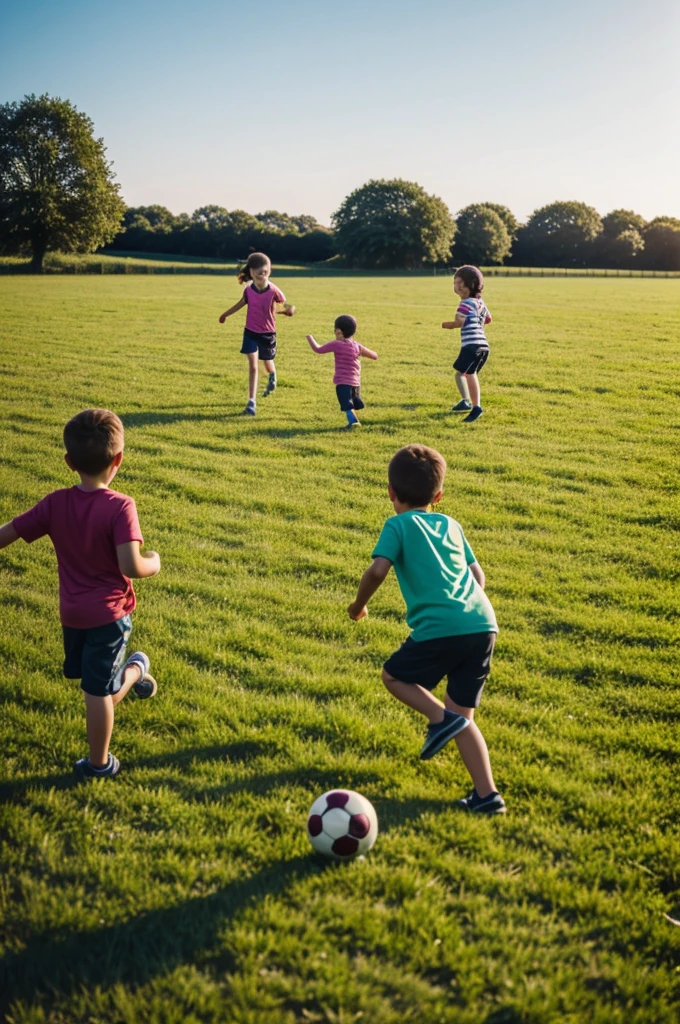 A woman playing a ball with her two children in a field