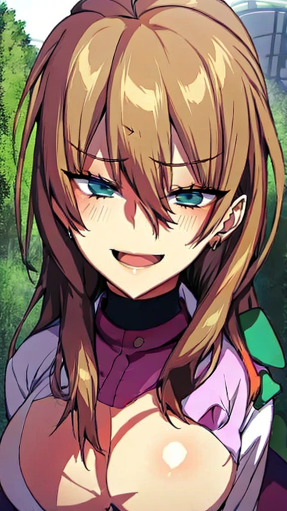 High detailed, 1 anime girl, magenta hair, embarassed expression, deep green eyes, 2 toned hair, large hair, large smile, soviet uniform, big And round buson, large graveyard in background, chunky body, walking pose