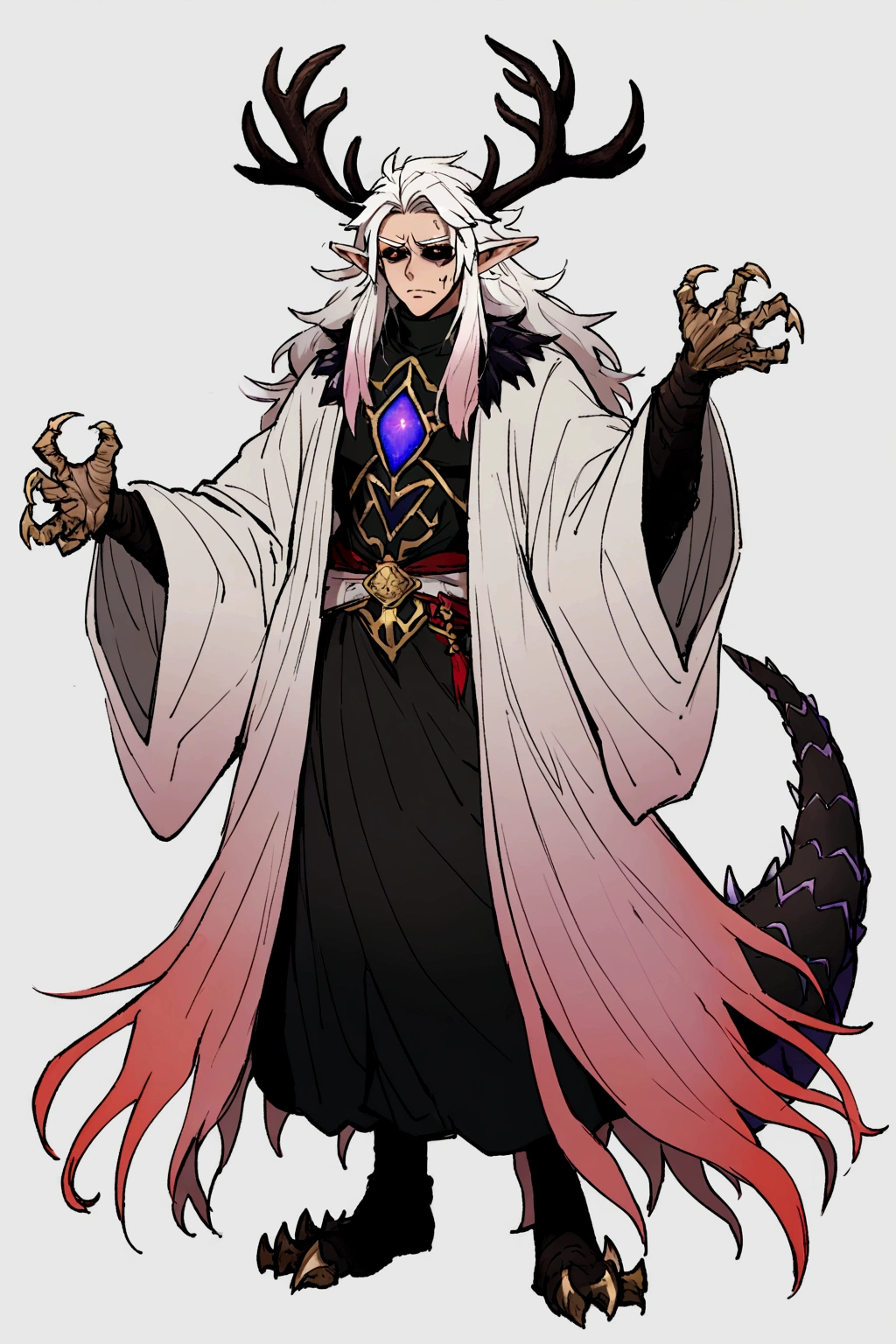 solo, male teen, character fusion, nidhogg fused with odin and sun wukong, tall tanned man with wild unruly white hair, bangs on face, bangs, ((iridescent irises)), black sclera on eyes, long voluminous hair, spiky hair, pointy ears, fit , clawed fingers, dragon tail, open haori, turtleneck tanktop, manly jaw, dark crystal antlers, exhausted expression, khaenr'ah abyss, draconic person, calamity incarnate, full body
