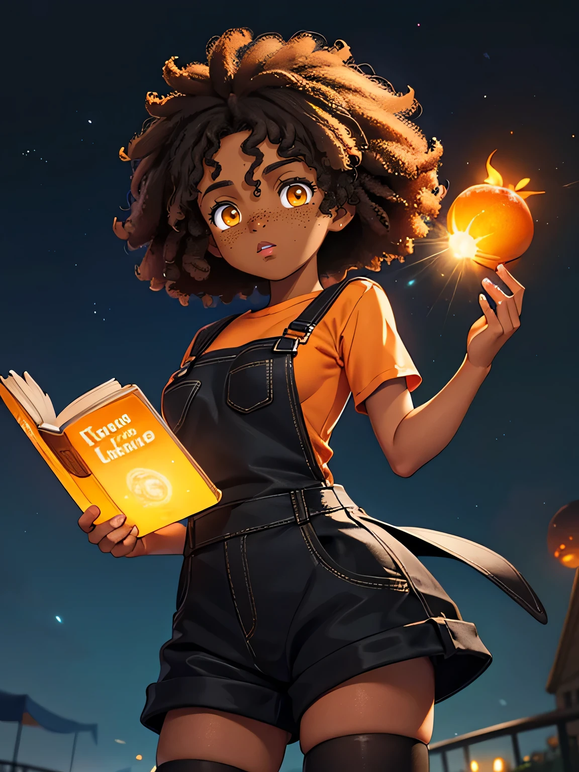 Dark brown hair, black skin, orange eyes, big afro, freckles, white overalls, orange shirt, short sleeves, black tights, short, brown hair, medium breasts, outside, serious, standing, holding book, reading book, glowing effects, carnival, glow effects, effects, white effects, powers