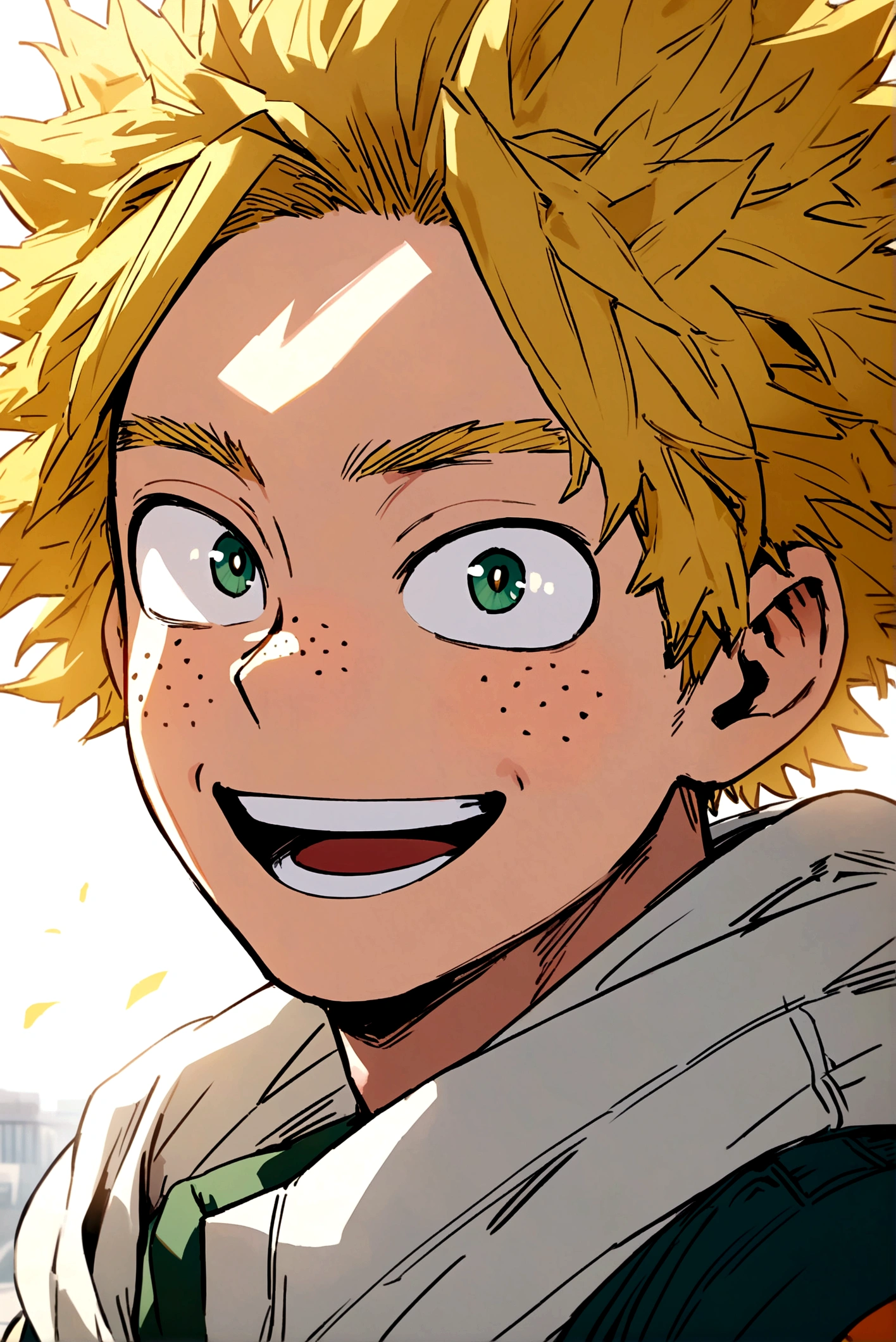 My hero academia, boy with yellow messy hair with green eyes and freckles, smiling