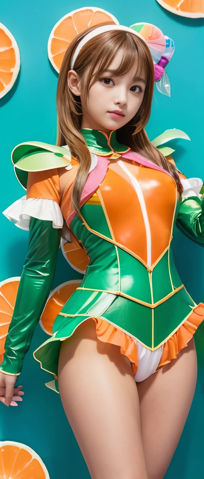 Cute idol knight girl covered in candy、whole body、Good style、、、、、、、、、、Tanned thick legs、、Orange and green striped candy covered armor suit(Candy Spear)、Neat and clean idol face、Glowing、