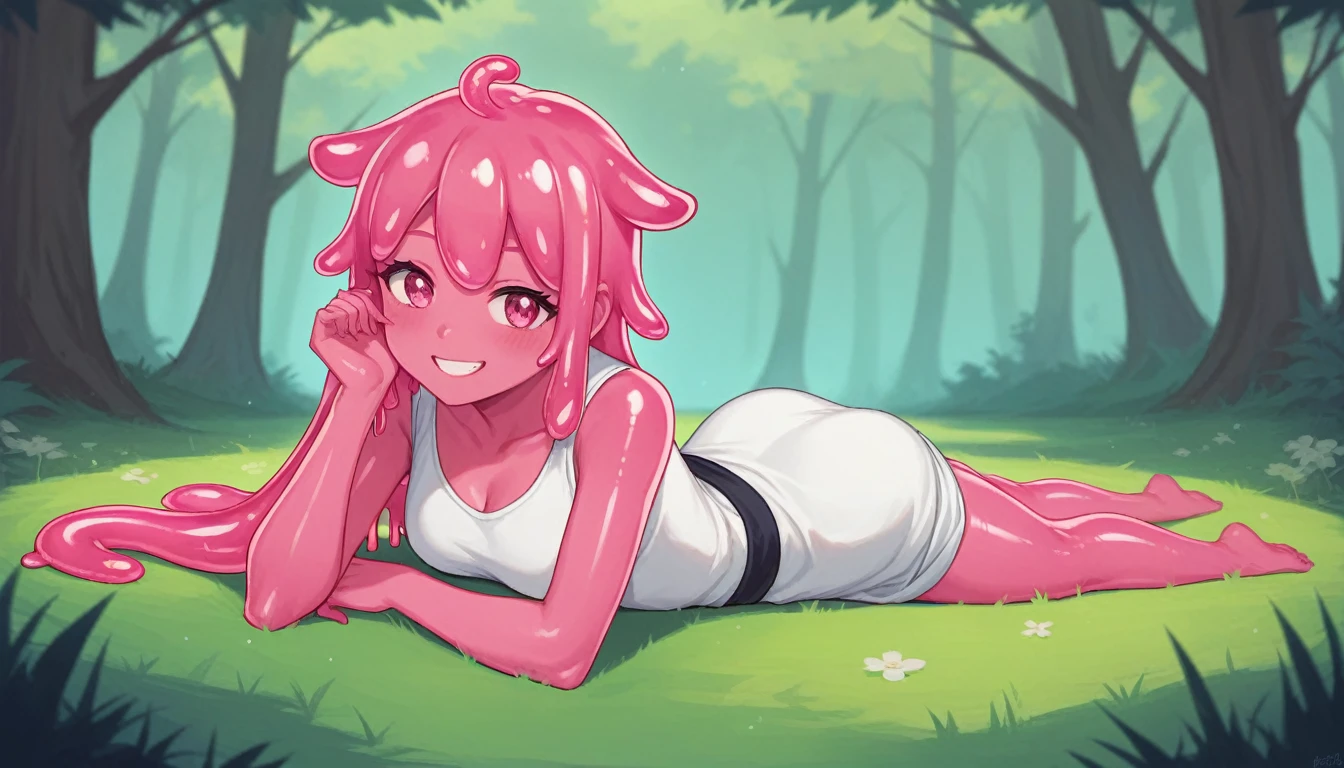 1 girl, nsfw, wanda, wanda from the fairly oddparents, wanda (fairly oddparents), cartoon, cartoon style, thick lines, nickelodeon, nickelodeon style, pink hair, topless, medium breast, leggins, tight leggins, cameltoe, tight, shy, blush, in a river