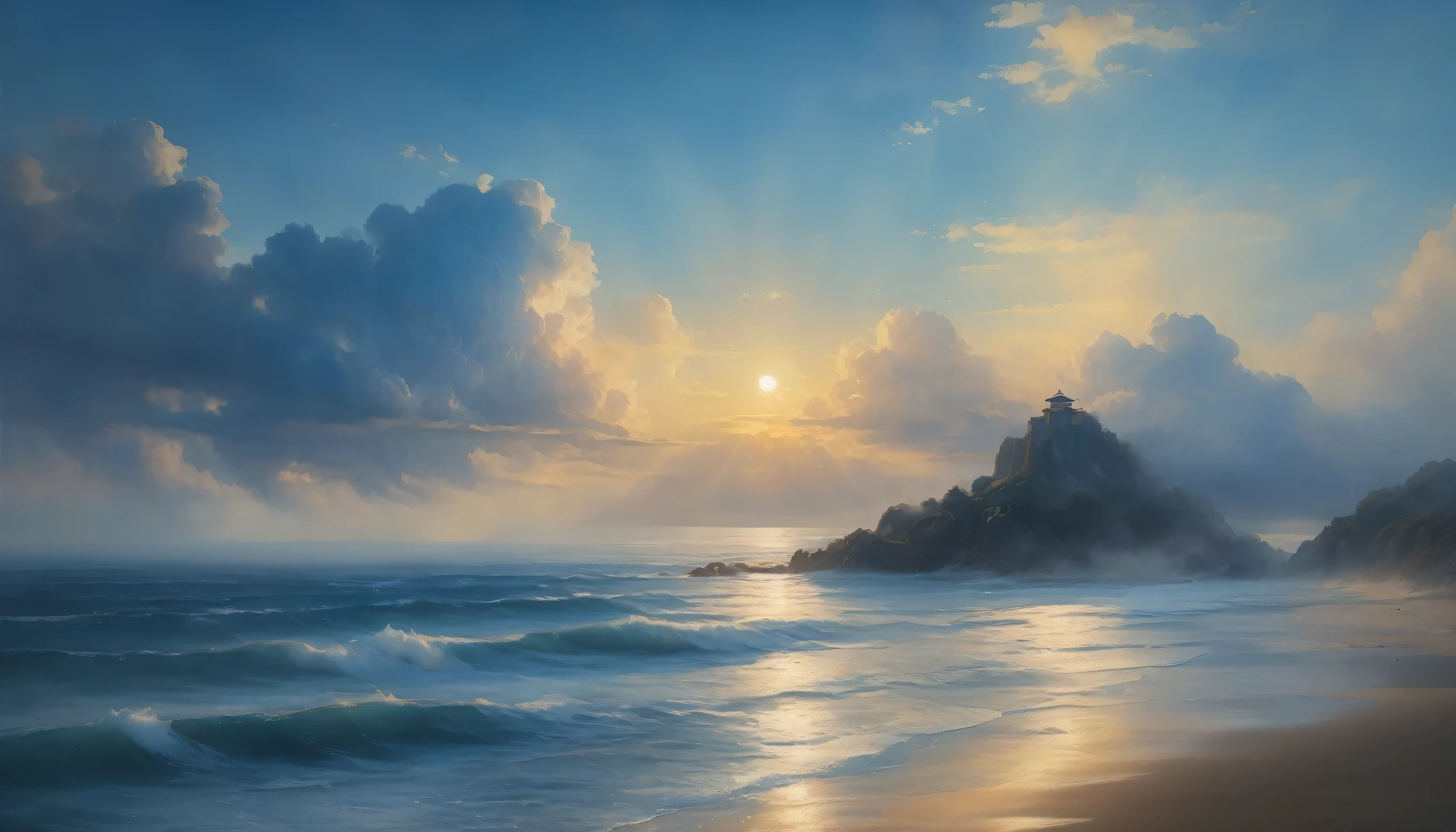cloud,龍の形をしたcloud,Illuminated by the light of the setting sun ,Background sea,Foggy atmosphere,On-air lighting,薄いcloud,Smooth lines,Light blue and white shades,A serene and majestic sight,Amazing details,Artistic interpretation,Painting Style,masterpiece:1.2