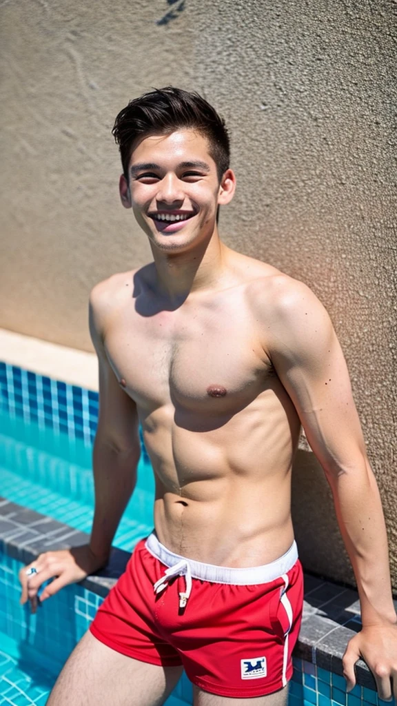male Age 27 swimwear lifeguard topless smile