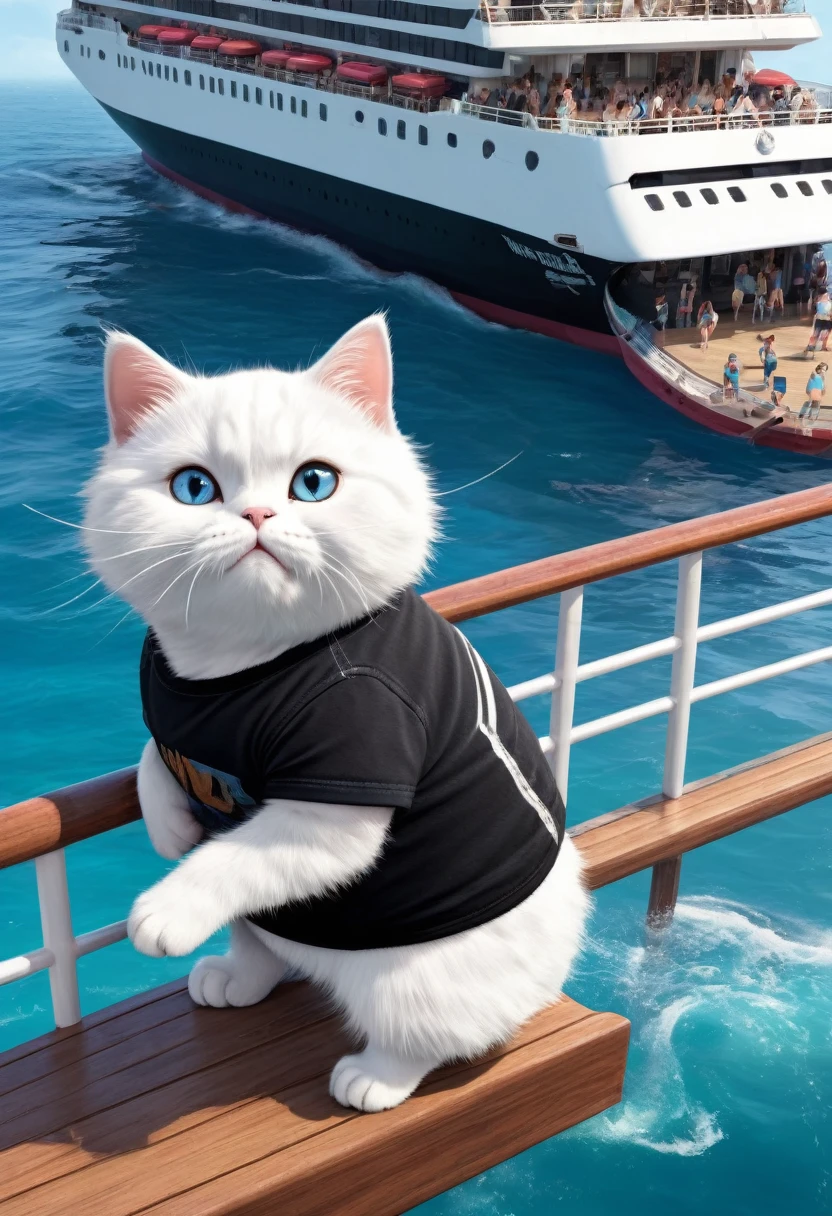"Generate a realistic image of a white muscular chubby cat wearing black shorts standing at the edge of a passenger ship, trying to catch a white kitten who is slipping off the ship into the ocean. The kitten is wearing a blue t-shirt and jeans shorts. There are people standing around them on the ship, looking concerned."
