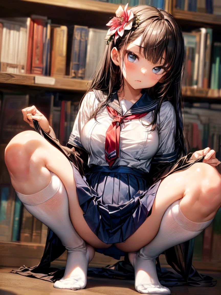 (High School Uniform:1.5)、(Spread your legs)、(Rich color expression)、(Big Breasts)、8K resolution、 masterpiece、((Highest quality))、Anatomically correct、The girl is alone、(I narrowed my eyes a little.:2)、(Flower Hair Ornaments)、(tie)、(ribbon)、(Check long skirt:1.3)、((Hasselblad Photos))、[:(Detailed face:1.2):0.2]、(Squat)、(Stare intently)、(library)、(Knee socks:1.3)