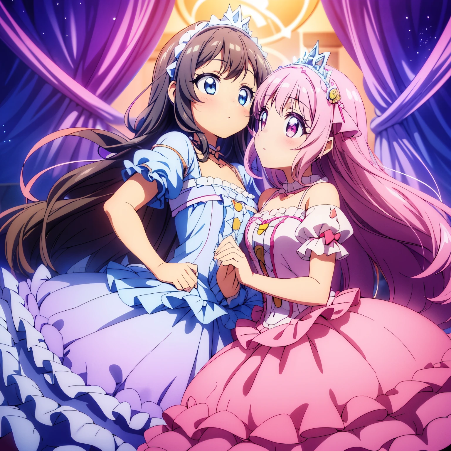 highest quality, masterpiece, highest resolution, artwork, super それにget used to it, many get used to it, get used to it, それにget used to it, woman, 10 years old,the two girls are princesses,((pink victorian voluminous ball gown dress)),long sleeve,long dress,A dress with lots of frills and ribbons..wears a tiara on the head,luxury,two people kiss,