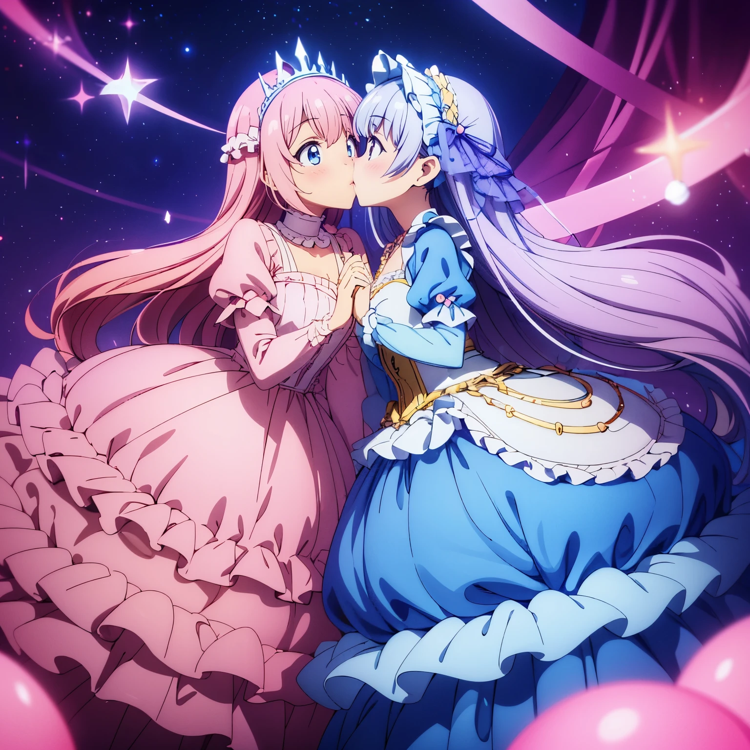 highest quality, masterpiece, highest resolution, artwork, super それにget used to it, many get used to it, get used to it, それにget used to it, woman, ************,the two girls are princesses,((pink victorian voluminous ball gown dress)),long sleeve,long dress,A dress with lots of frills and ribbons..wears a tiara on the head,luxury,two people kiss,