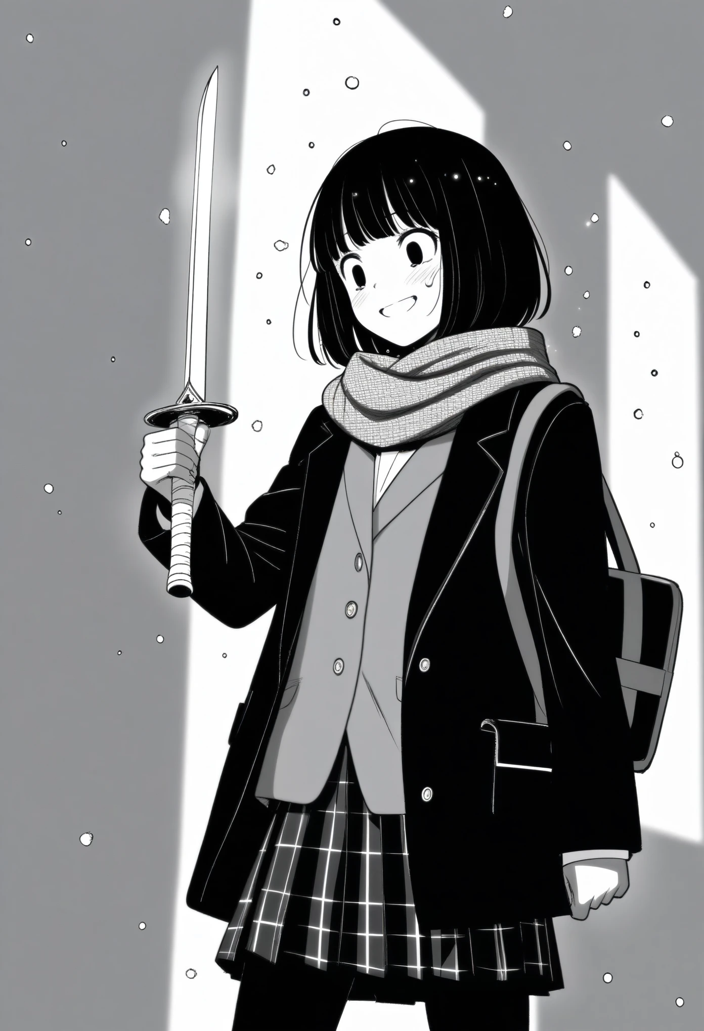masterpiece, best quality, 1girl, mamerakkkkko, grayscale, manga style, japanese, chi no wadachi, black eyes, street, iced, black hair, schoolbag, smile, lineart, black coat, black scarf, black pleated skirt, leggings, centered, 18 years old, tall, fair skinned, bokeh background, crying, tears, tears streaming, bob cut, light particles, snowing, (((holding sword:1.5, perfect hand, detailed hand:1.1)), emotional anime scene