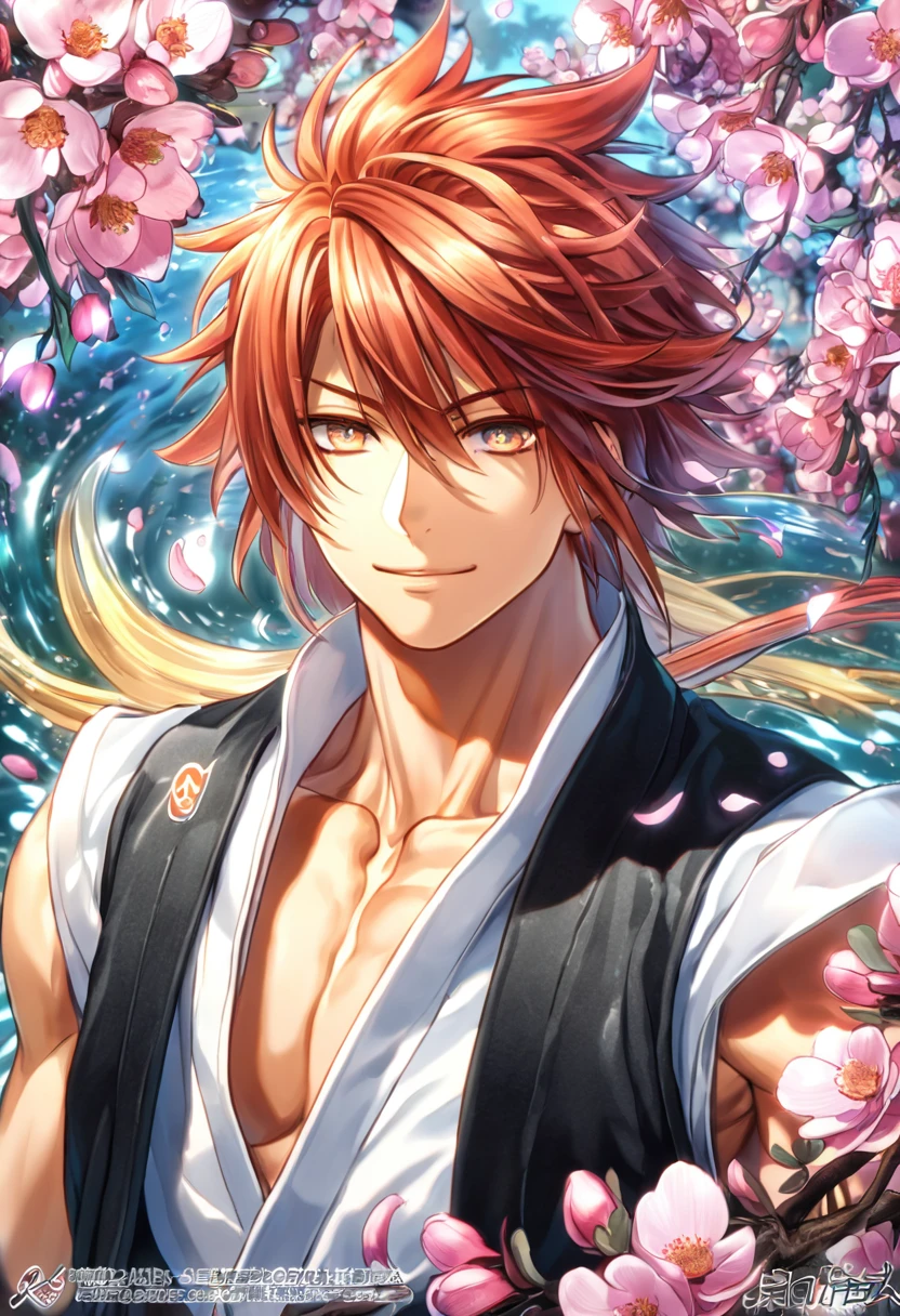 absurdres, highres, ultra detailed, HDR, master piece, Harada Sanosuke, auburn hair, expressive amber eyes, white shirt, black vest, long black and white sleeveless jacket, Hakuouki, sexy man, handsome, best quality, blossoms, pink petals, pink flowers, fantasy, magical, blue shining fireflies, solo, water, handsome smile
