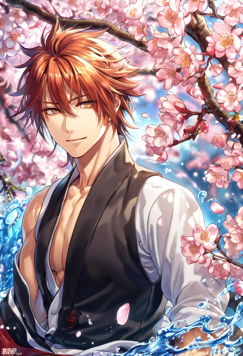 absurdres, highres, ultra detailed, HDR, master piece, Harada Sanosuke, auburn hair, expressive amber eyes, white shirt, black vest, long black and white sleeveless jacket, Hakuouki, sexy man, handsome, best quality, blossoms, pink petals, pink flowers, fantasy, magical, blue shining fireflies, solo, water, handsome smile