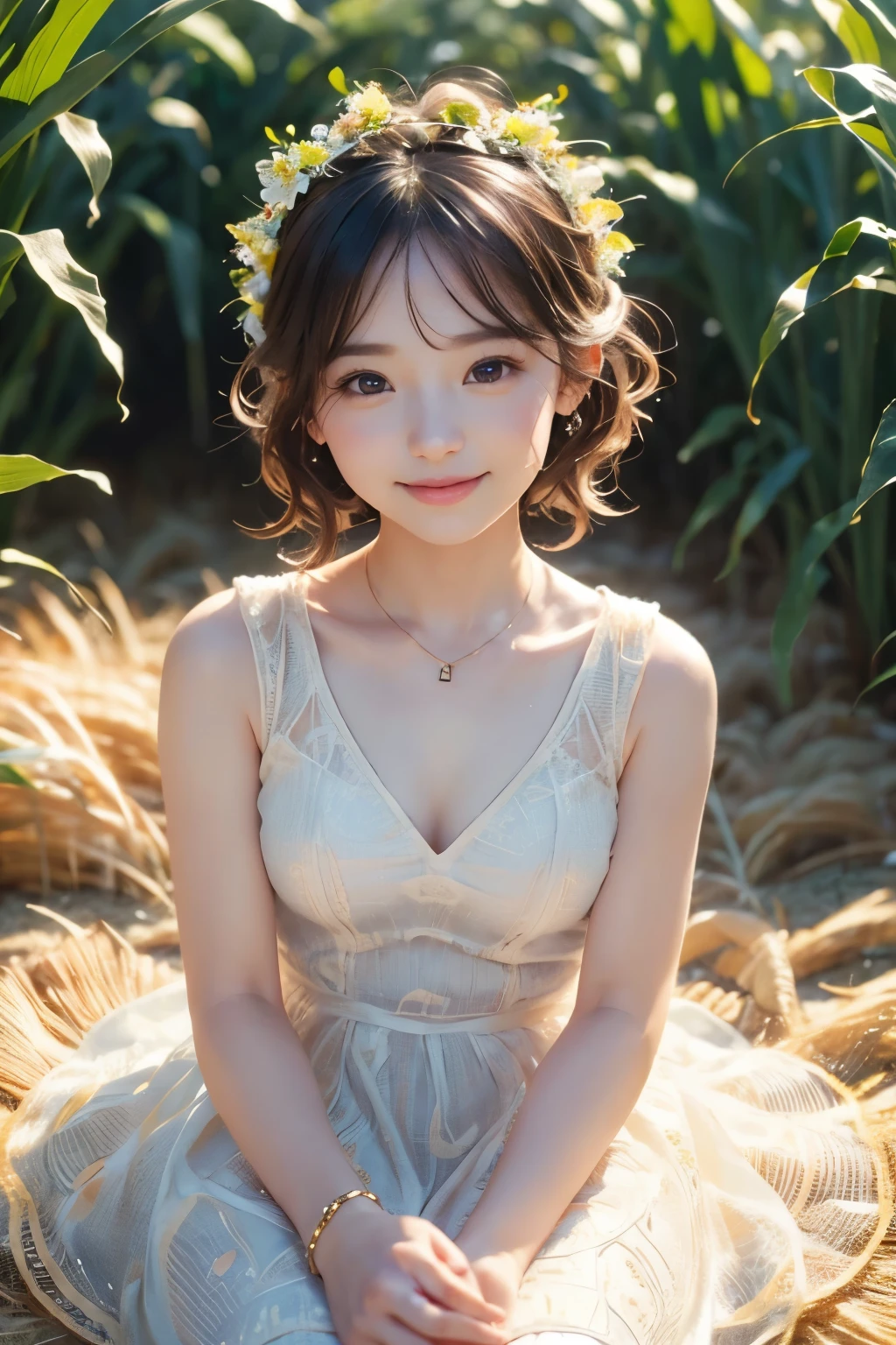 Cute Chibi Girl、smile、In the corn field、Very detailed、Ultra-realistic、Photorealistic、8K、Hyperrealistic、masterpiece、Beautiful detailed eyes、Beautiful detailed lips、Very detailedな顔、Long eyelashes、Beautiful young girl、Calm expression、sitting in a cornfield、Golden light、Warm colors、Beautiful lighting、Cinematic、Intricate details、Bright colors、natural environment、Lush vegetation、Soft Focus、Depth of written boundary