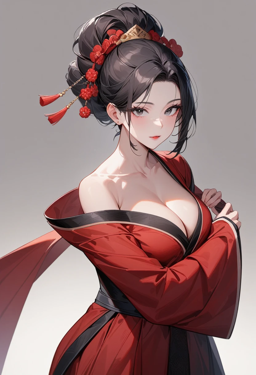 Mature women，Black long hair，Hair up，Red Hanfu，Showing cleavage，Show your shoulders，Beautiful black eyes，Extremely detailed，high resolution，Simple background