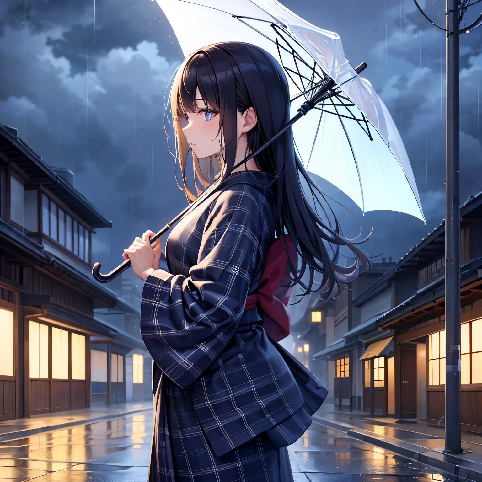 (best quality,8k,highres, masterpiece:1.2), (anime style),ultra-detailed, HDR, UHD, studio lighting, ultra-fine painting, sharp focus, physically-based rendering, extreme detail description, professional, vivid colors, bokeh, portraits, concept artists, warm color palette, dramatic lighting,rainy night,1 beautiful woman,(blue checkered pattern kimono),side view,walking japanese street,twinkled neon sign,Heavy rain, rain shining on neon signs,holding an umbrella,