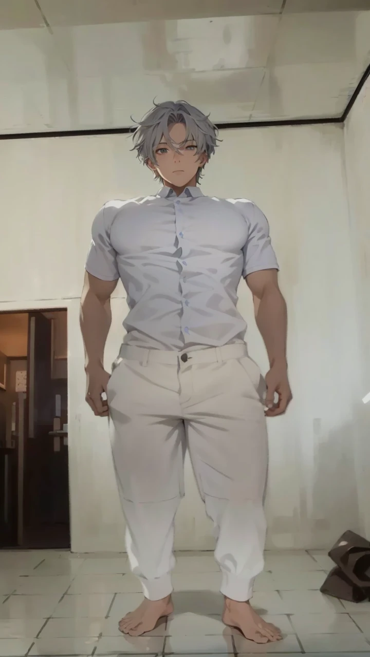 (absurd、High resolution、super detailed、nffsw)、masterpiece、highest quality、male 、solo、Handsome、short hair、gray hair、whaite eyes、fine eyes and detailed face、casual clothes、true shadow、joy、connect ears、Upper body、blur the background、no smile、City of night, no expresi 
