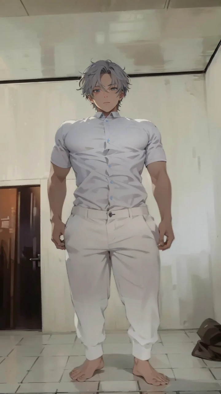 (absurd、High resolution、super detailed、nffsw)、masterpiece、highest quality、male 、solo、Handsome、short hair、gray hair、whaite eyes、fine eyes and detailed face、casual clothes、true shadow、joy、connect ears、Upper body、blur the background、no smile、City of night, no expresi