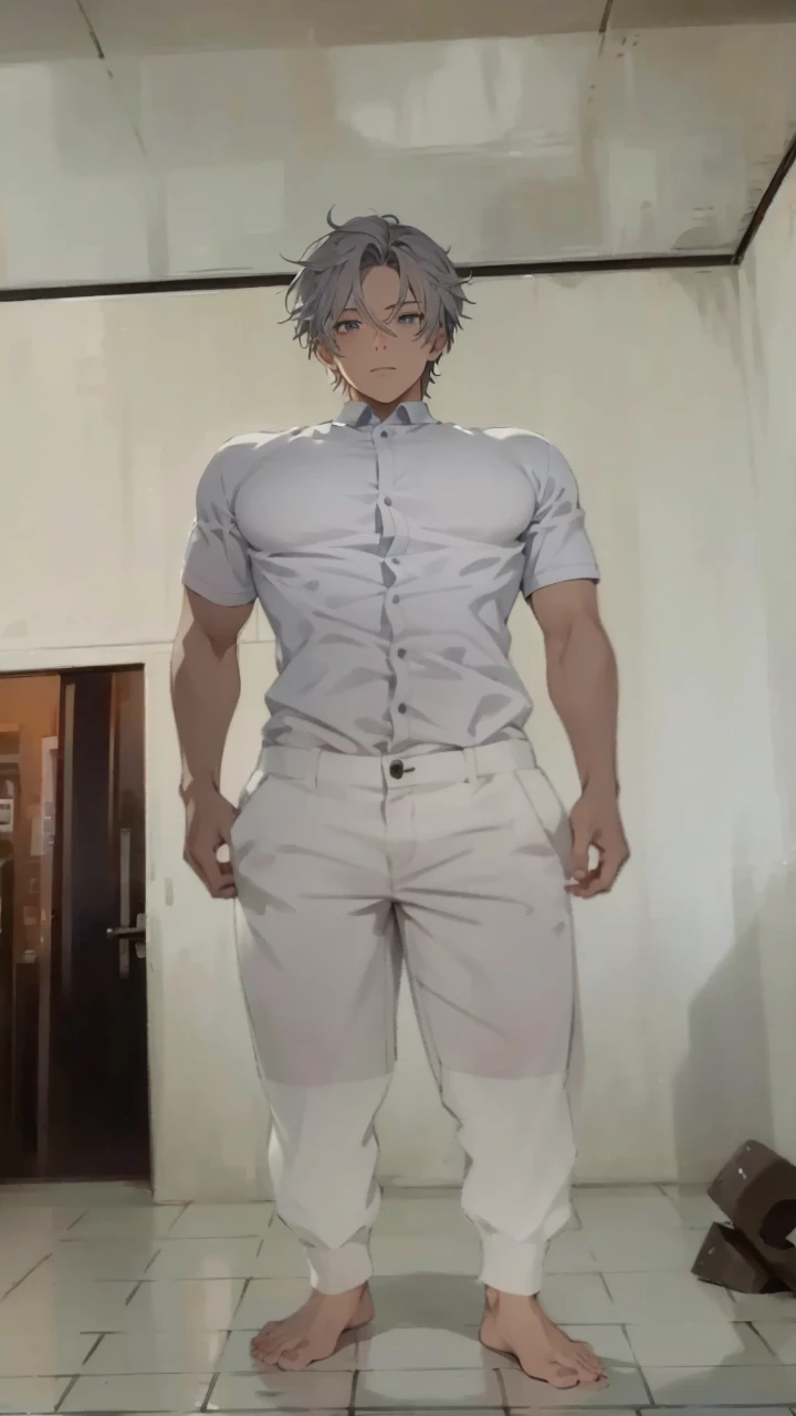 (absurd、High resolution、super detailed、nffsw)、masterpiece、highest quality、male 、solo、Handsome、short hair、gray hair、whaite eyes、fine eyes and detailed face、casual clothes、true shadow、joy、connect ears、Upper body、blur the background、no smile、City of night, no expresi