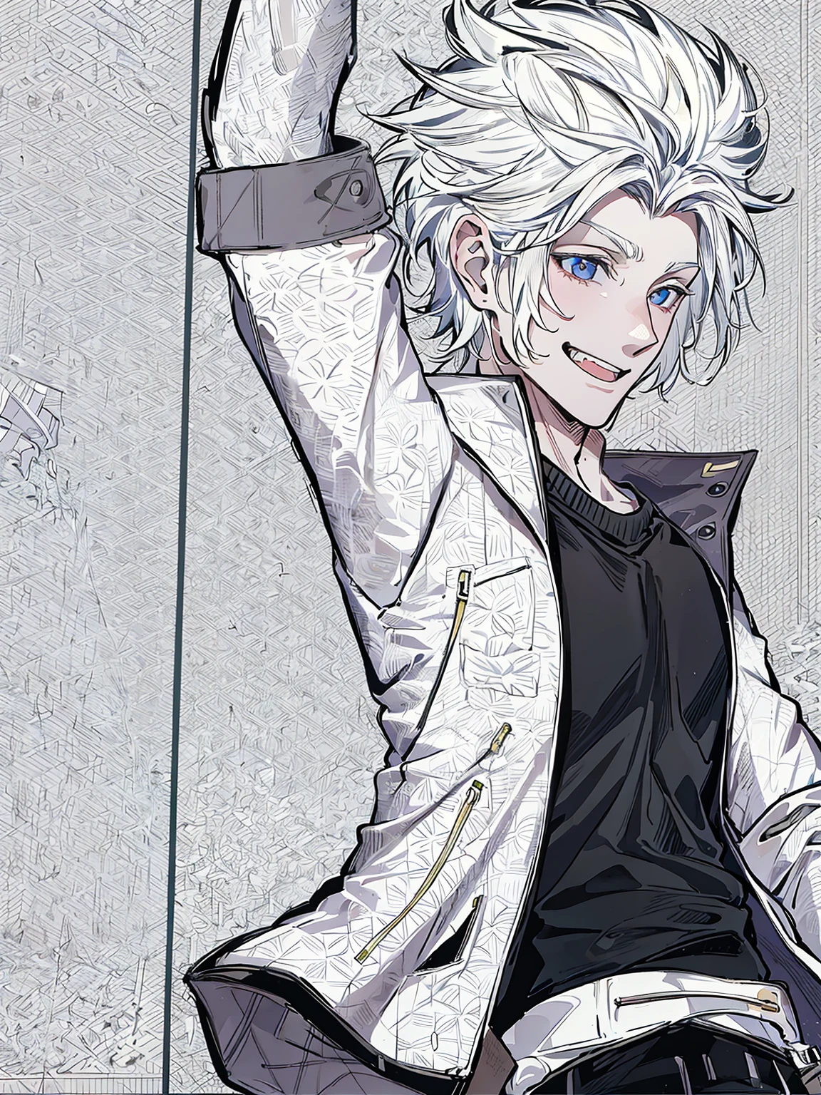male boy, white jacket, defined body, white hair, 