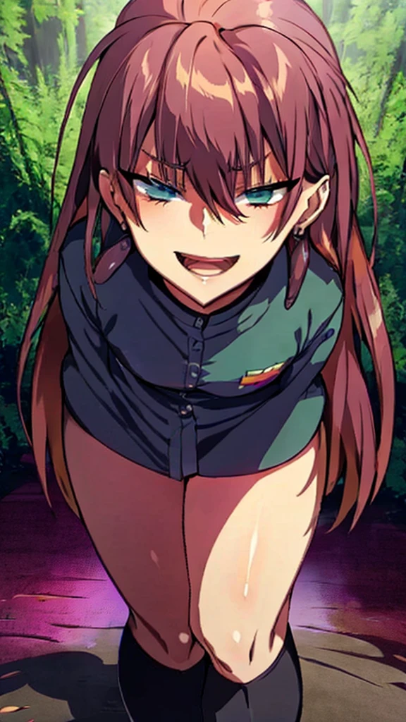 High detailed, 1 anime girl, magenta hair, embarassed expression, deep green eyes, 2 toned hair, large hair, large smile, soviet uniform, big And round buson, full body large graveyard in background, chunky body, walking pose