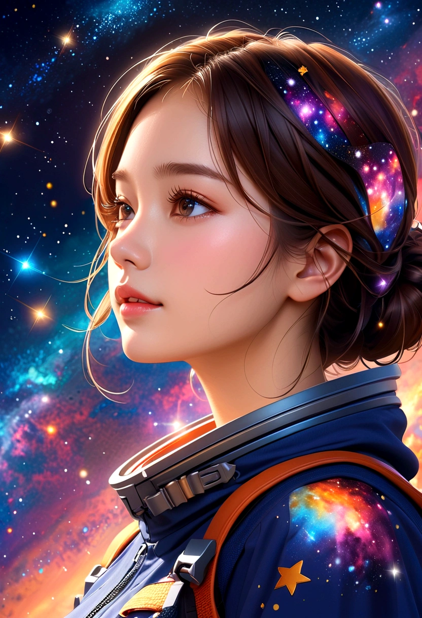 High Detail, Super Detail, Ultra-high resolution, Girl enjoying time in fantasy galaxy, Surrounded by stars, The warm light shines on her, Background is starry sky,There are colorful galaxies and galaxy clouds, Stars flew around her, Delicate face, Add a fun atmosphere ,