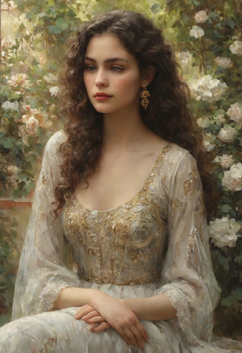 (Highest quality,4K,8K,High resolution,masterpiece:1.2),Super detailed,(Realistic,Realistic,Photorealistic:1.37),oil,Omar Layan ,Beautiful detailed girl,Sit on a bench,Holding flowers,Klimt,many,Emil Vernons,Illustration,Shiny texture,Lush garden,Natural light,Dreamy atmosphere,Bright colors,Graceful posture,Detailed facial features,Curly Hair,Delicate brushwork,Elegant dress,Feminine elegance,Artistic interpretation,Fantasy elements,Subtle emotions,Otherworldly beauty,A melancholic look,Harmonious composition,Impressionist style,Gold accents,Gorgeous patterns。